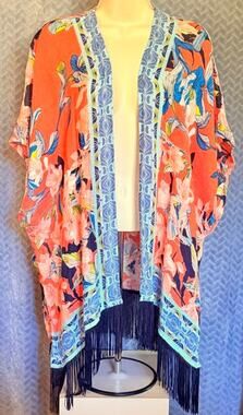 Chicos 100% Linen Open Front Wildly Colorful Floral Print Fringed Kimono Style